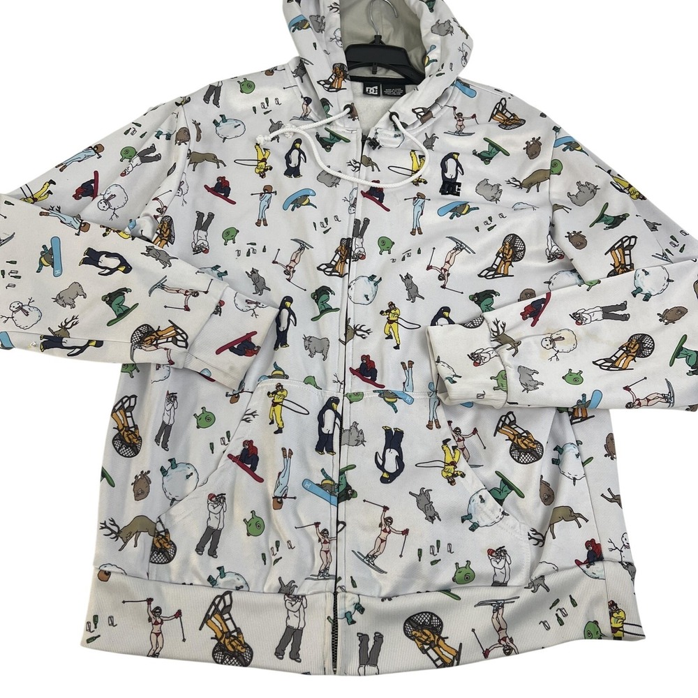 DC Shoes Hoodie Mens XL White Full Zip Ski Snowboard Graphic Fleece Sweatshirt